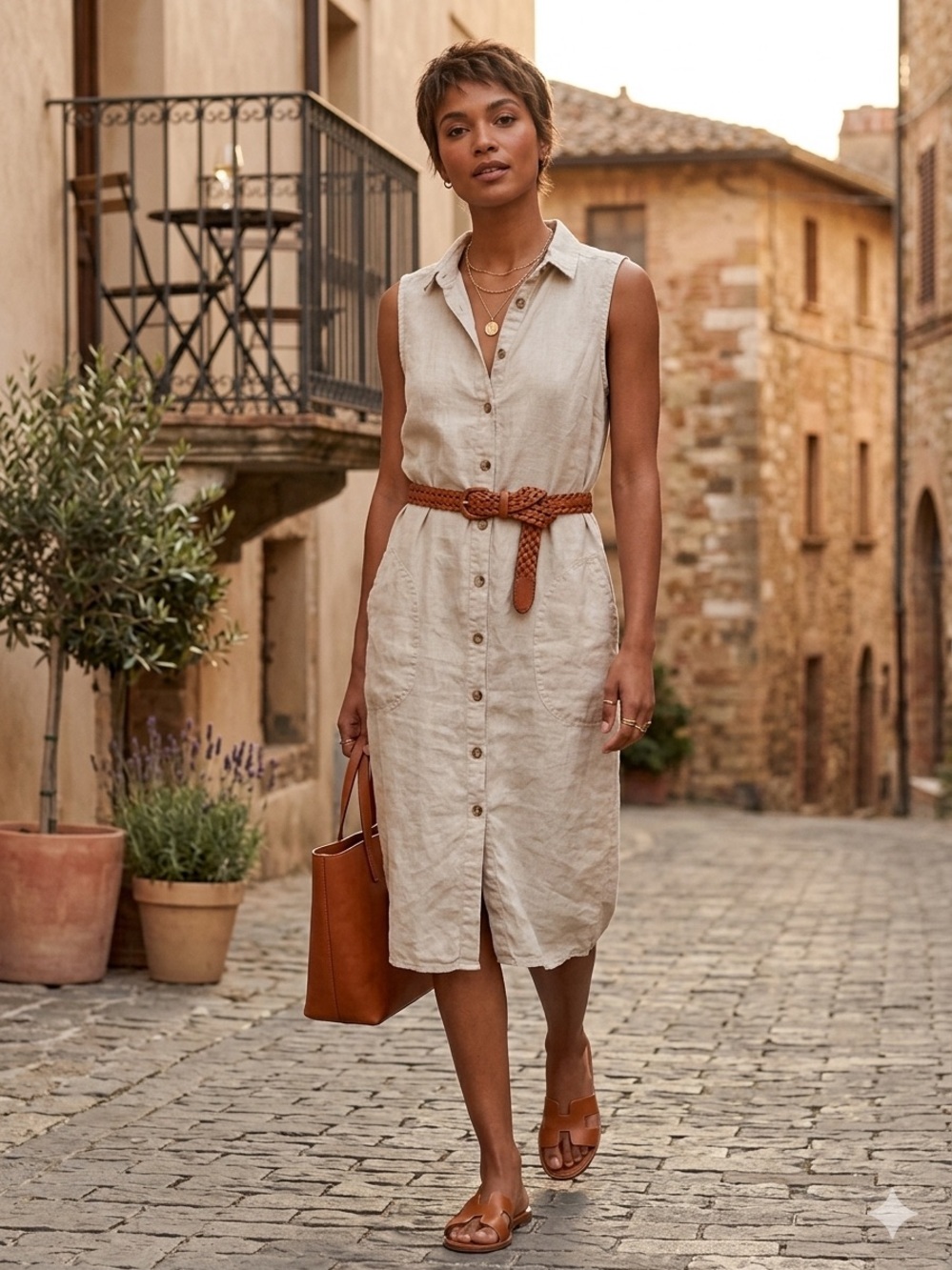 Halston Heritage Sleeveless Button-Front Linen Dress in Natural Beige